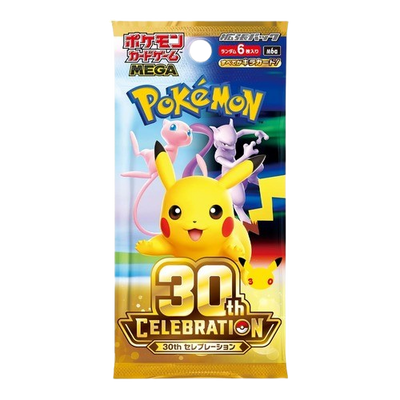30th CELEBRATION einzelnes japanisches Booster Pack mit Pikachu, Mew und Mewtwo auf der Vorderseite